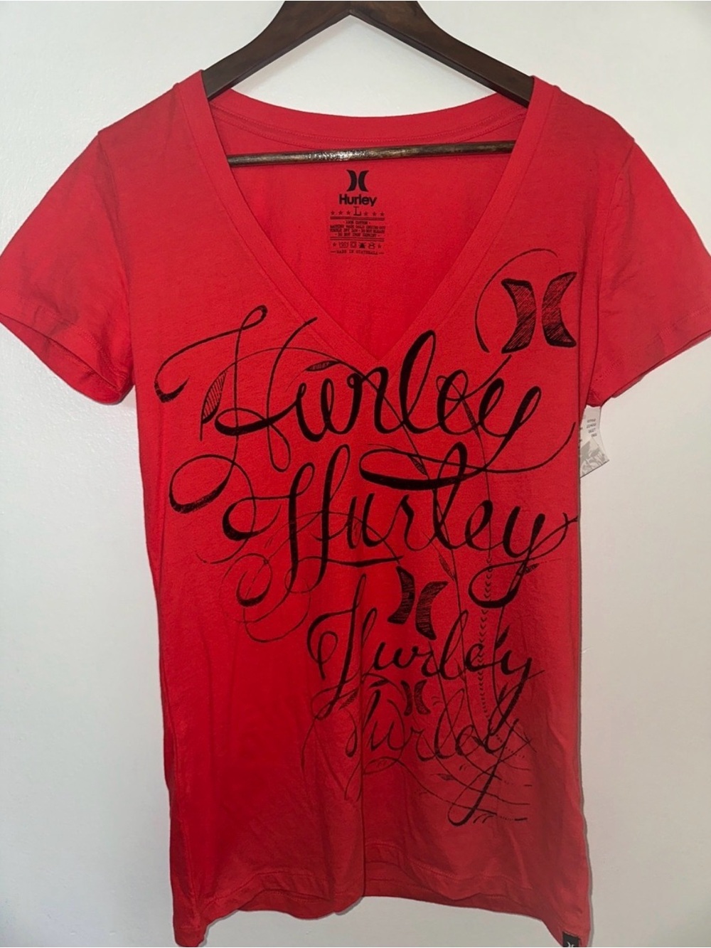 Hurley Red V-Neck Script Graphic Tee